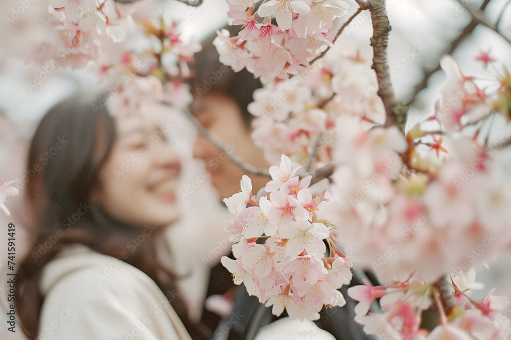 桜と男女のカップル、春 桜と男女のカップル、春