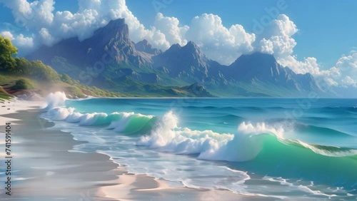 Painting of a Beach With Mountains in the Background