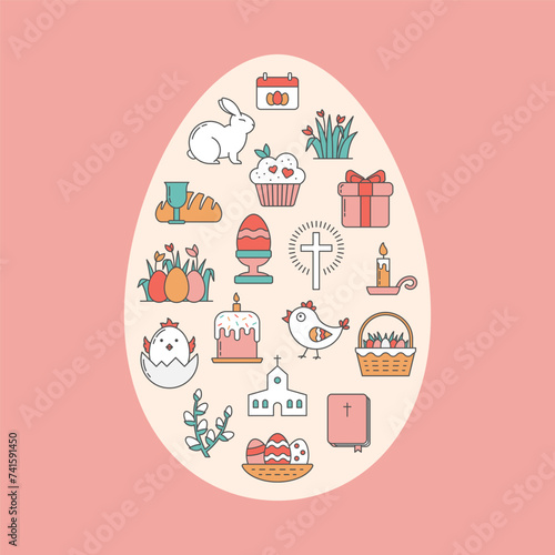 Set of linear Easter icons Painted in Pastel Color in the Shape of an Egg. Calendar, Bunny, Cupcake, Easter Cake Kulich, Baby Chicken, Basket with Egg, Pussy Willow, Traditional American Church, Cross