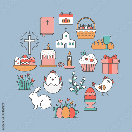 Linear Easter Set with Egg, Baby Chick, Pussy Willow, Rabbit, Bible Book, Calendar, Traditional American Church, Cross, Easter Cake Kulich, Spring Flowers Tulips and Grass