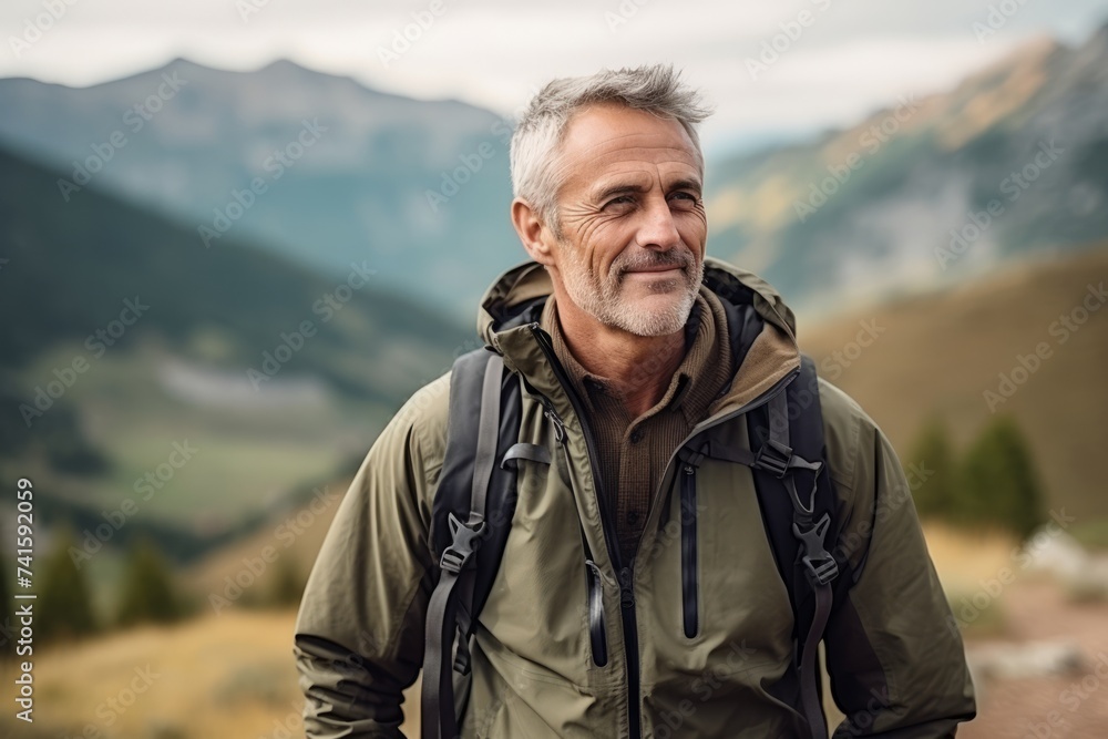 Portrait of a senior man with a backpack standing in the mountains Portrait of a senior man with a backpack standing in the mountains
