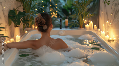 Young woman enjoy very relaxation shower luxurious bubble bath, foamy bubbles caress her skin, self-care, purity,  spa treatments and mental health, health and wellness, beauty and skincare product © Intelligent Horizons