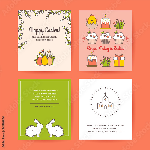 Easter Set of Postcards, Gift Tags, Design Templates Drawn in a Linear style. Frame with Pussy Willow, Colored Eggs with Flower, Bunny, American Church, Baby Chicken in Eggshell, Easter Cake Kulich