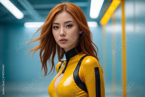 Strong real BDSM adult asian mistress wearing fetish latex rubber catsuit and poses in deep yellow erotic in light blue gray futuristic interior. Generative Ai