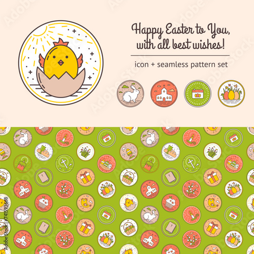 Scrapbooking Set with Seamless Pattern of Linear Easter Icons and Spring Celebration Elements. Simple Images with a Stroke with Baby Chicken in Eggshell, Easter Rabbit, Church, Calendar, Painted Eggs
