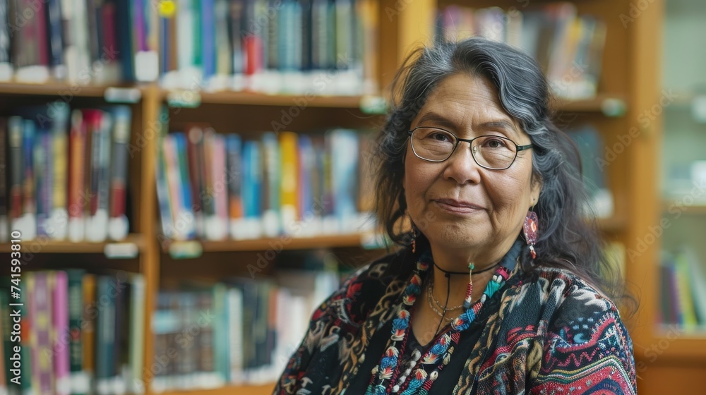A studious woman peruses the shelves of a public library, her glasses and colorful necklace adding a touch of personality to the otherwise mundane rows of books A studious woman peruses the shelves of a public library, her glasses and colorful necklace adding a touch of personality to the otherwise mundane rows of books