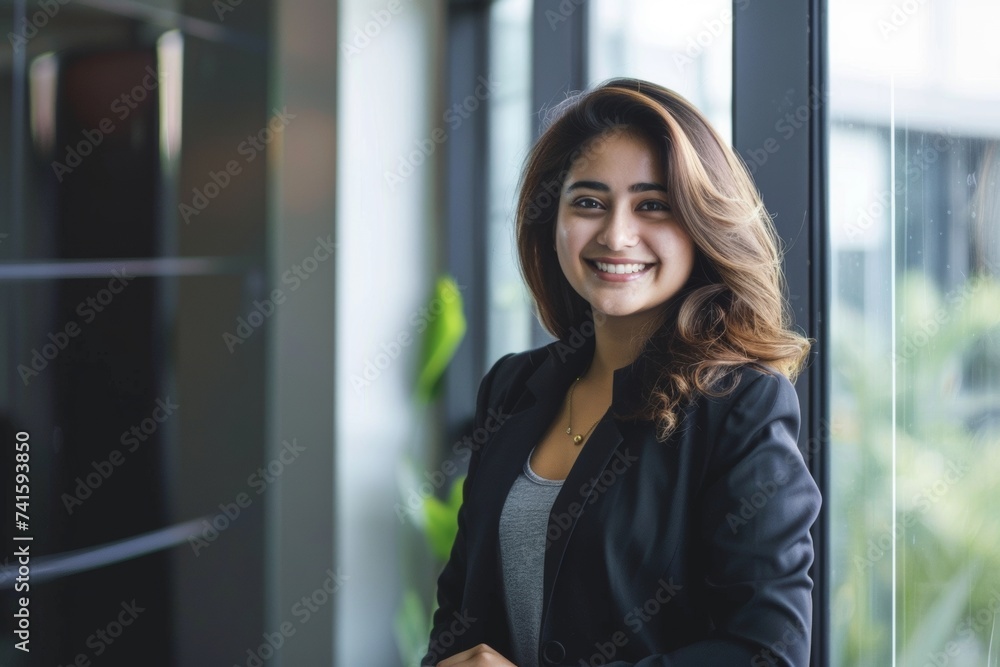 Fototapeta premium Woman Smiling in Front of Window. Generative AI