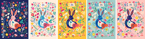 Colorful collection with easter rabbits. Happy easter greeting cards with decorative easter bunny. Notebook covers photo