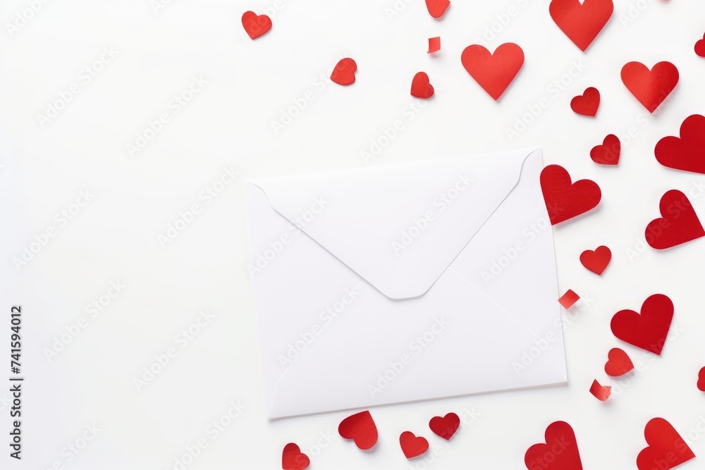 White envelope surrounded by red hearts on a clean white background, perfect for Valentine's Day messages. Romantic Valentine's Day Card Mockup with Red Hearts White envelope surrounded by red hearts on a clean white background, perfect for Valentine's Day messages. Romantic Valentine's Day Card Mockup with Red Hearts