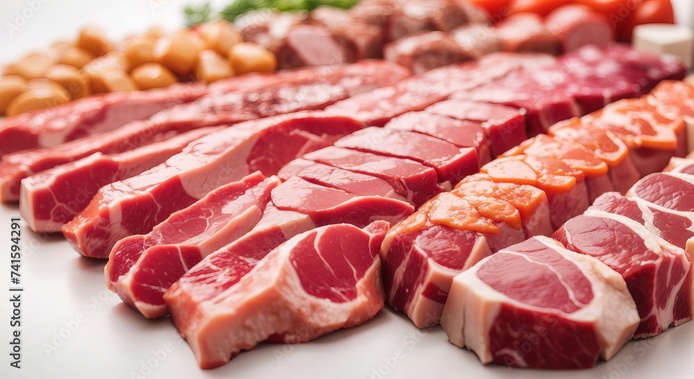 Various colorful meat in a neat row on a white background