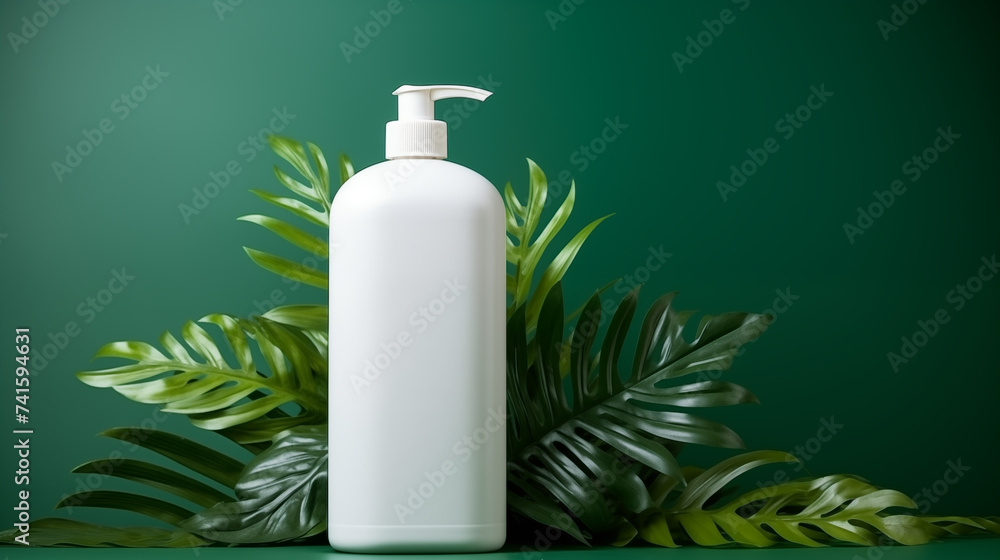 White blank bottle with tropical leaves White blank bottle with tropical leaves