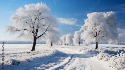 A landscape featuring a dirt road meandering towards a frosted woodland, flanked by snowy farmland. 