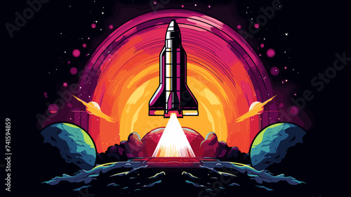 Abstract retro rocketship exploring a colorful nebula. simple Vector art
