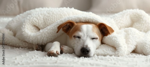 Relaxed dog peacefully snoozing on cozy white bed with room for text or design placement