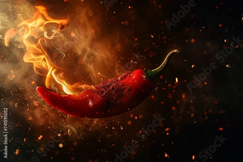 Red  hot  chilli  pepper  in  fire  on  dark  blac