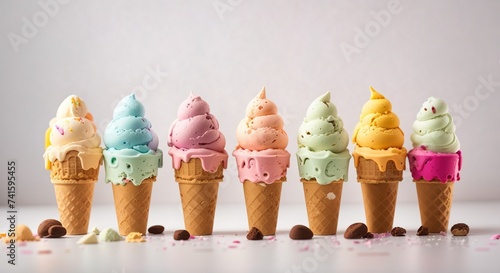 Various colorful ice cream in a neat row on a white background