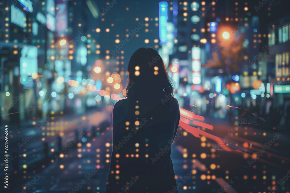Night city street, Silhouette of a woman in the middle. A slide background for showcasing digital content. Background image. Created with Generative AI technology.