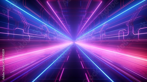 Endless flight in a futuristic metal corridor with neon light background