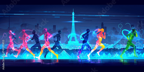 Immerse in the futuristic allure of Paris 2024 mesmerizes with a futuristic tapestry. Iconic landmarks harmonize with dynamic athletes, encapsulating the fusion of culture and sports. completes this v photo