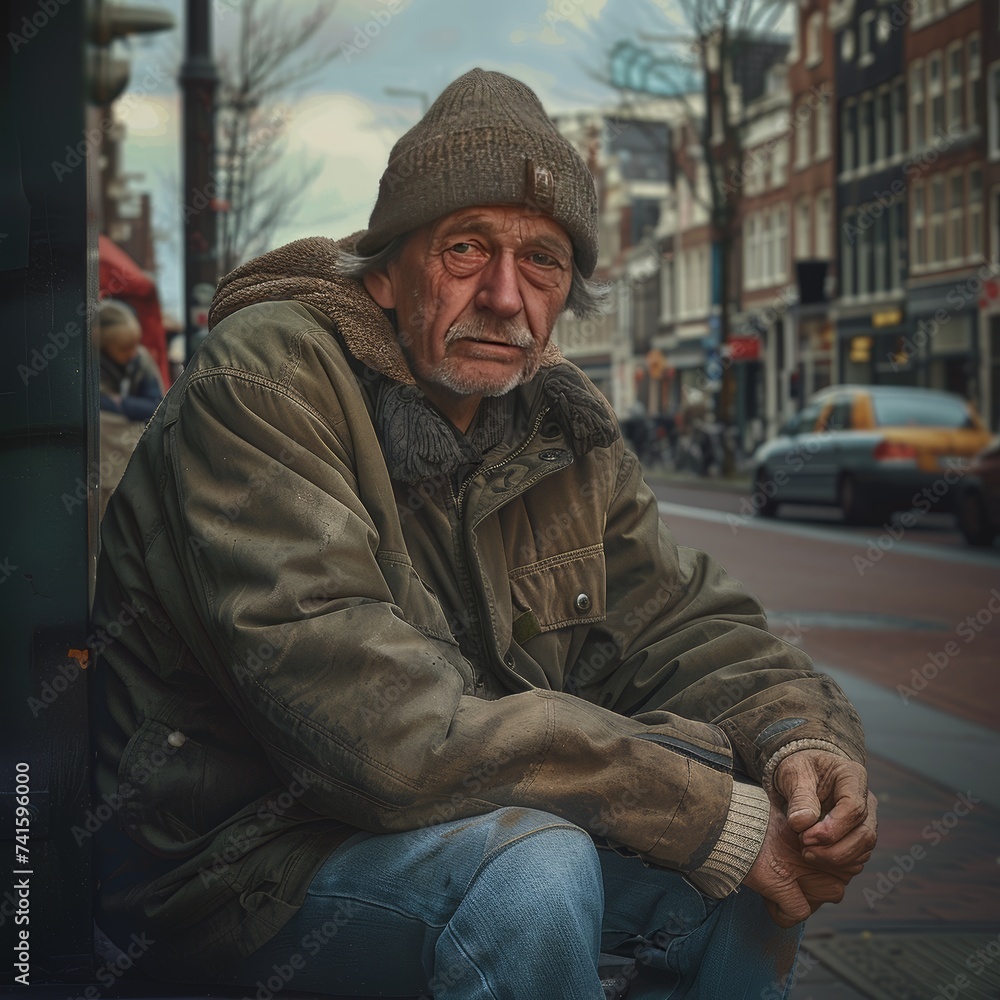 Close up portrait old smiling homeless alcoholic man face with white beard and hair wandering on the street depressed sick and lonely on cold winter day social issues homelessness documentary concept
