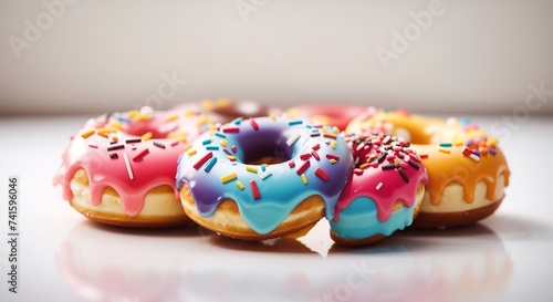 Various colorful donut in a neat row on a white background