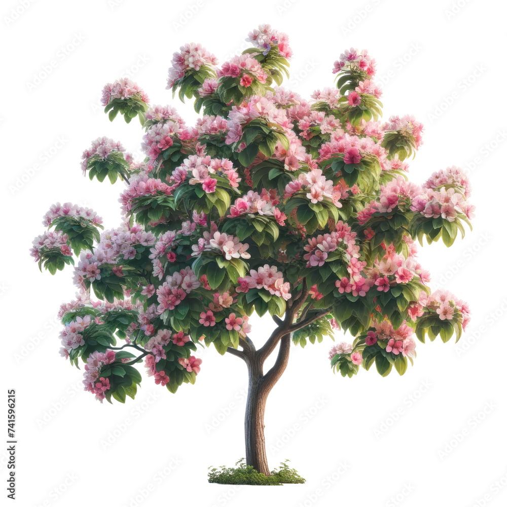 A tree with pink flowers is the main focus of the image. The tree is tall and has a lot of pink flowers on it. The flowers are spread out all over the tree, giving it a very full and lush appearance