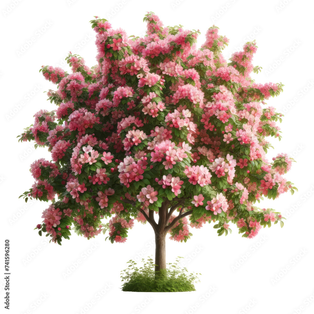 A tree with pink flowers is the main focus of the image. The tree is surrounded by green leaves and is the only object in the scene. The pink flowers give the image a sense of beauty and tranquility