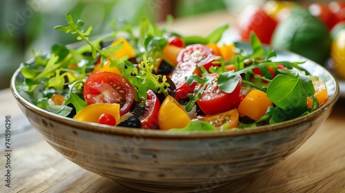 A nutritious bowl of mixed salad with ripe cherry tomatoes, arugula, and fresh greens on a wooden table. AI