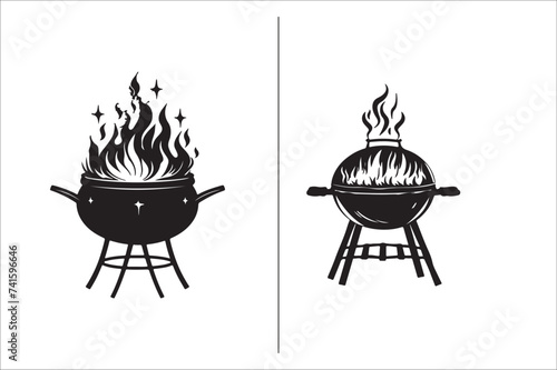 Barbecue grill Silhouette vector icon design and Grill bbq vector icon set illustration. BBQ silhouette vector on White background.