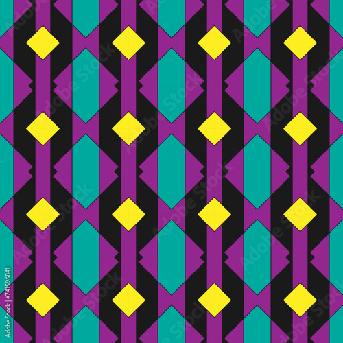Original seamless pattern with yellow rhombuses in black rhombuses on a green background. Vector illustration
