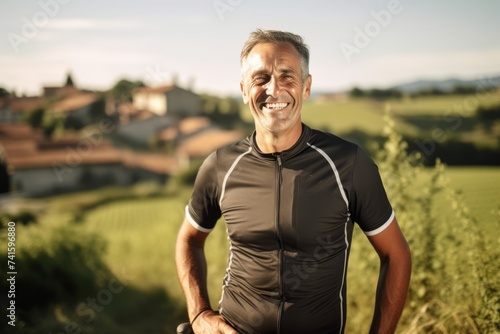 Portrait of happy senior man in sportswear standing in countryside.