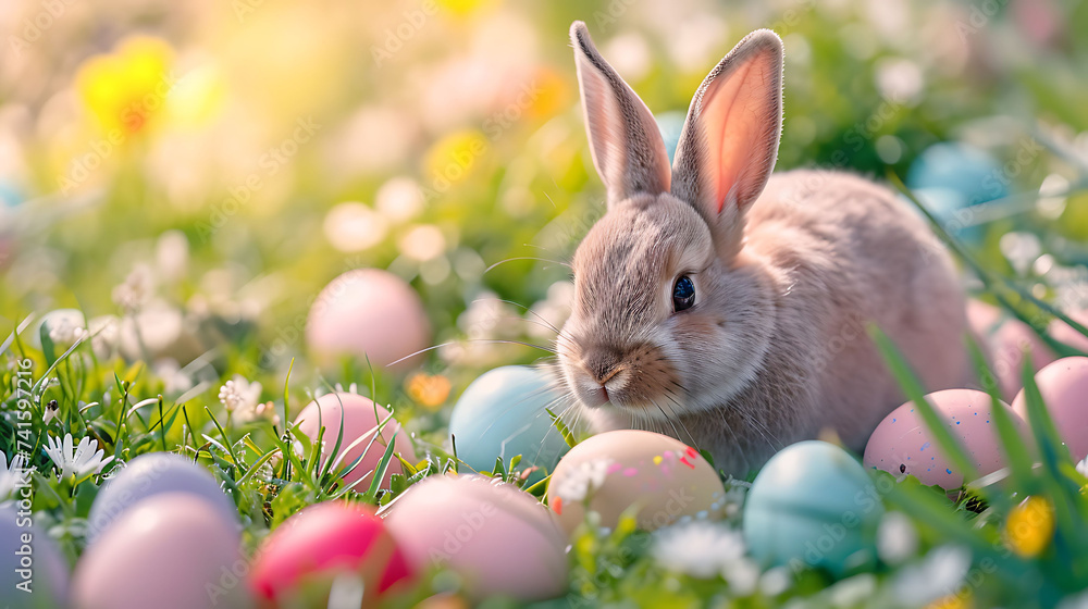 Fototapeta premium Easter egg hunt with bunnies and decorated eggs