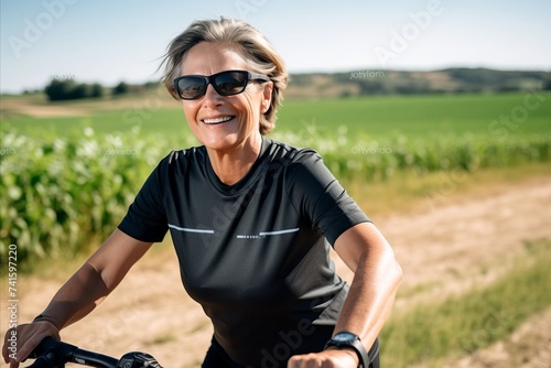 Portrait of smiling senior woman riding bicycle in countryside on sunny day