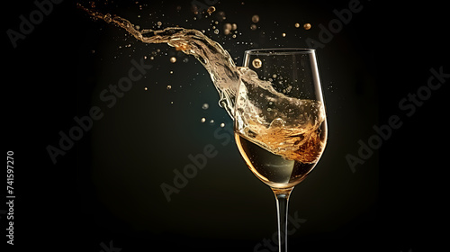 Champagne glass with bubbles standing against blurred cool bokeh background