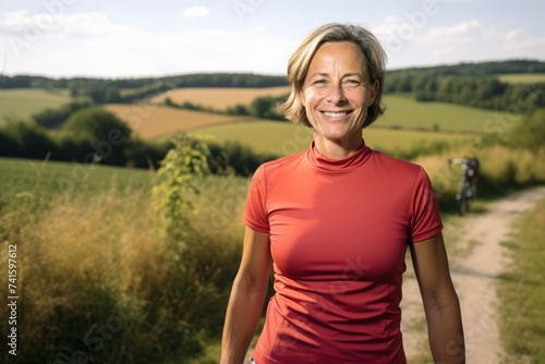 Portrait of smiling senior woman in sports clothing standing on country road © Nerea