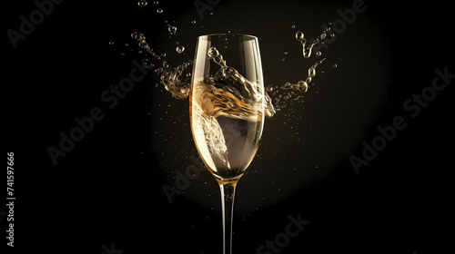 Champagne glass with bubbles standing against blurred cool bokeh background