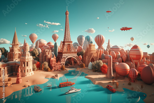 A vibrant, imaginative scene featuring Paris with iconic landmarks like the Eiffel Tower, surrounded by colorful hot air balloons, whimsical structures, and serene waters.