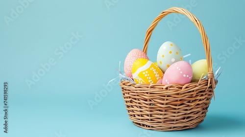 Wallpaper Mural Easter wicker basket with pastel colorful eggs for festive holiday on blue background Torontodigital.ca