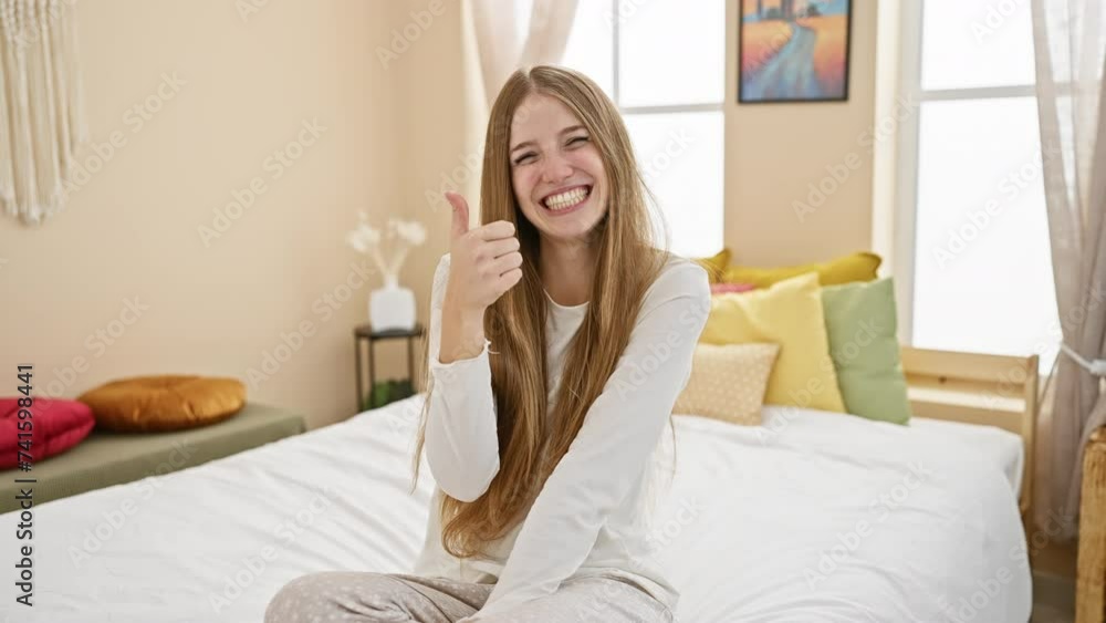 Thumbs up to success! beautiful blonde woman in pyjamas celebrating with an approving gesture. a young achiever saying okay while happily lounging in her comfy indoor bedroom. Thumbs up to success! beautiful blonde woman in pyjamas celebrating with an approving gesture. a young achiever saying okay while happily lounging in her comfy indoor bedroom.