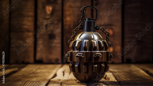 A close-up of a vintage grenade placed on a rustic wooden surface, showcasing intricate details and craftsmanship, illuminated by soft lighting photo