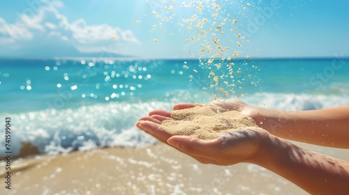Hands releasing dropping sand. Sand flowing through the hands against blue ocean. Summer beach holiday vacation concept #741599043