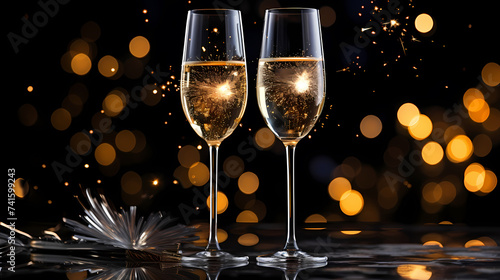 Champagne glass with bubbles standing against blurred cool bokeh background