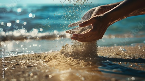 Hands releasing dropping sand. Sand flowing through the hands against blue ocean. Summer beach holiday vacation concept #741599268