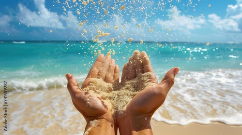 Hands releasing dropping sand. Sand flowing through the hands against blue ocean. Summer beach holiday vacation concept #741599287