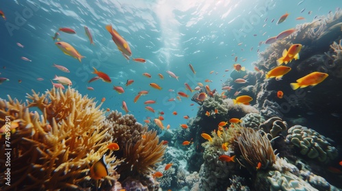 A bustling underwater scene featuring a diverse array of colorful fish swimming among vibrant coral formations, illuminated by sunlight filtering through the water.