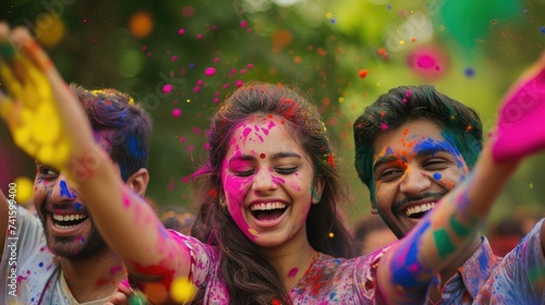 Happy indian people celebrating Holi festival with colorful holi powder