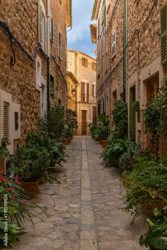 vertical view of a picturesque village street in the quaint mountain town of Fornalutx in northern Mallorca