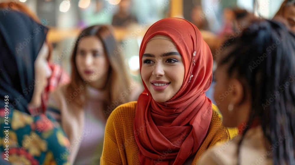 A woman with a warm smile, wrapped in a vibrant red scarf, exudes confidence and elegance in both indoor and outdoor settings A woman with a warm smile, wrapped in a vibrant red scarf, exudes confidence and elegance in both indoor and outdoor settings