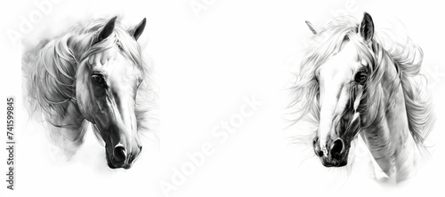 Symmetry portrait of two horses  isolated on white background   pencil drawing