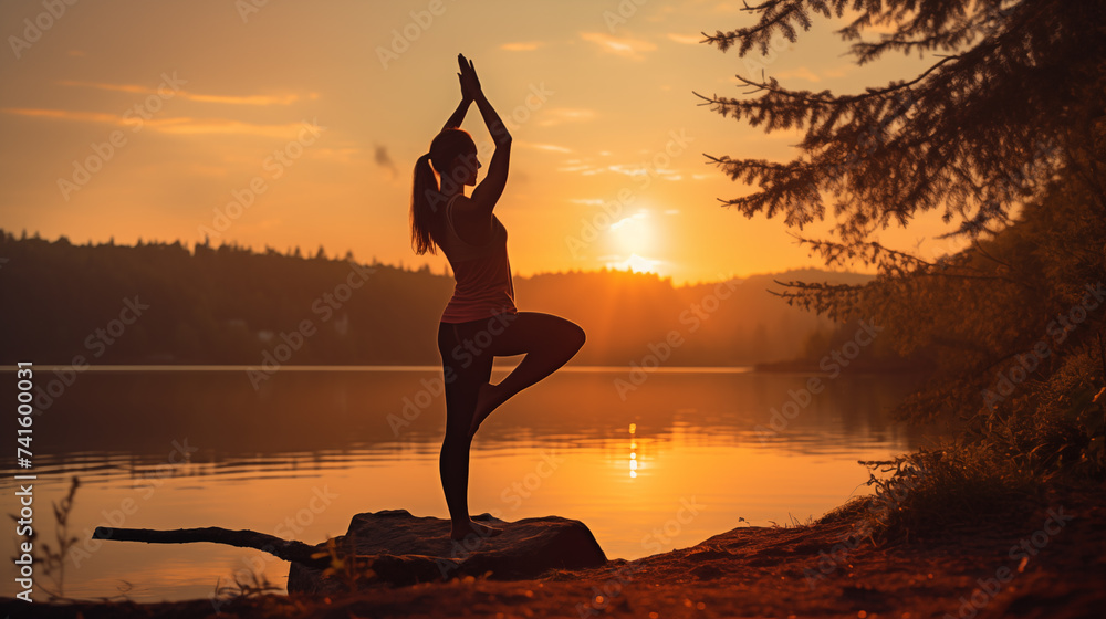 A tranquil scene capturing the silhouette of an individual in a yoga pose, balanced on a rock by a calm lake, with the golden hues of sunset reflecting in the water.